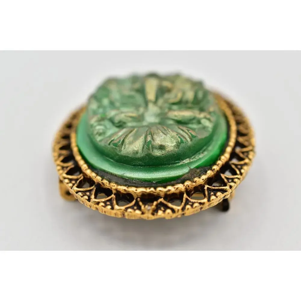 Vintage Abstract Face Pin Brooch Ancient Green Molded Resin Antiqued Gold BinAL